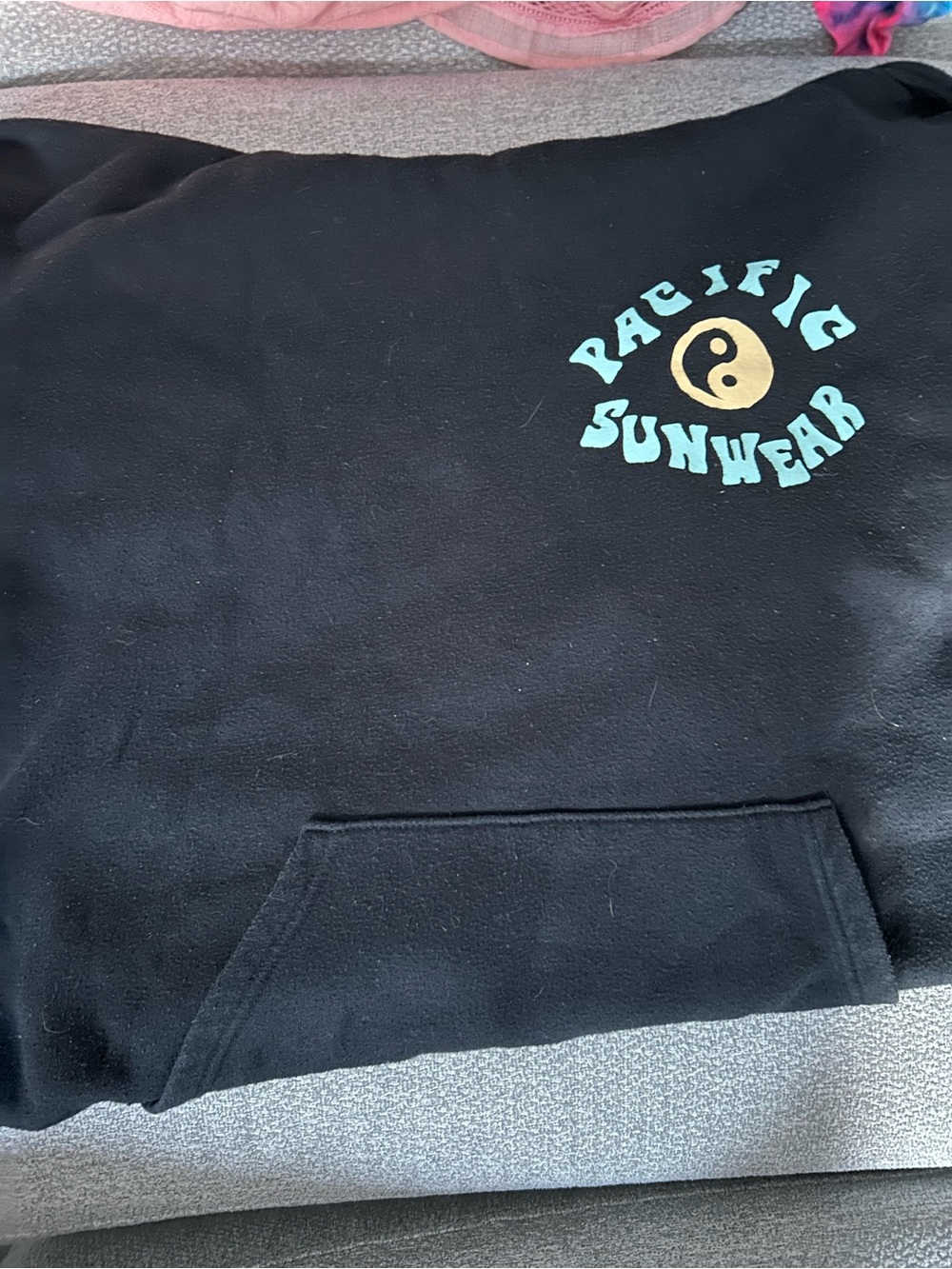 Pacific Sunwear Black Pullover hoodie with Aqua Lettering & Gold Yin Yang